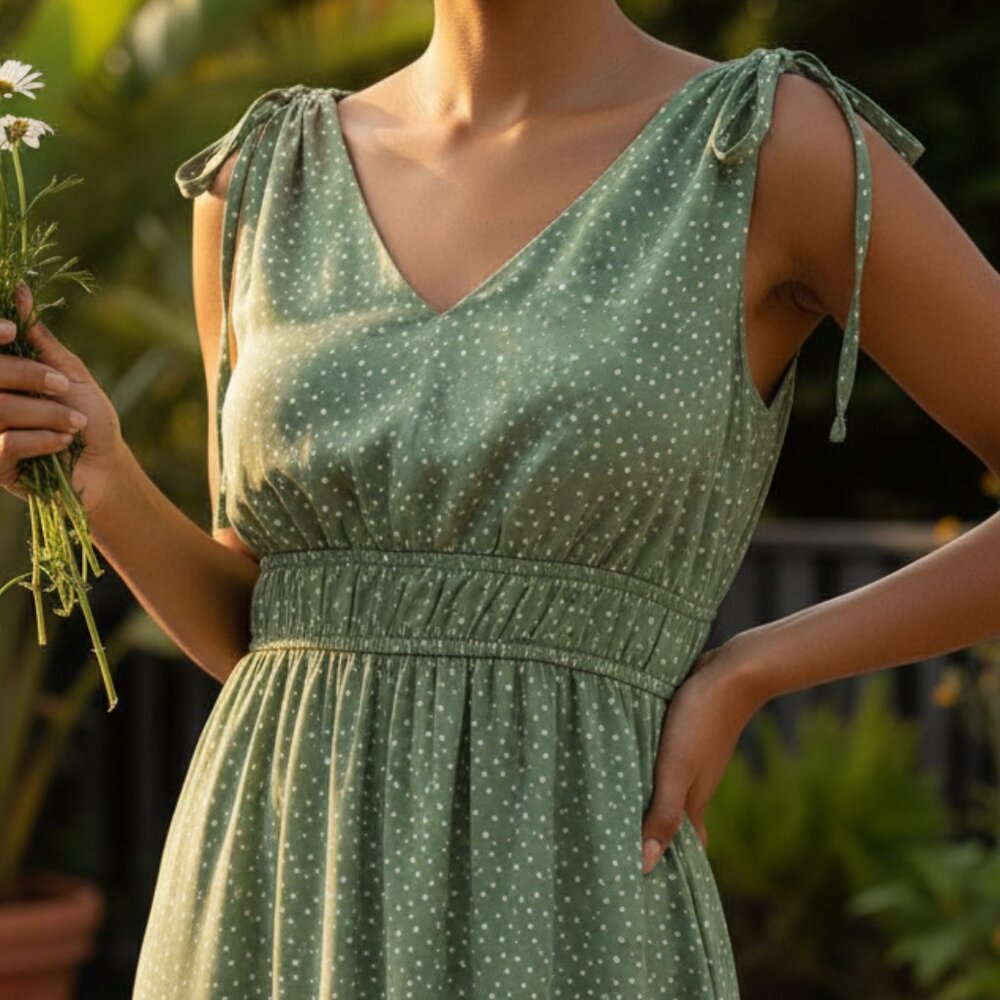 Green Polka Dot Tie Shoulder Midi Dress | Size M